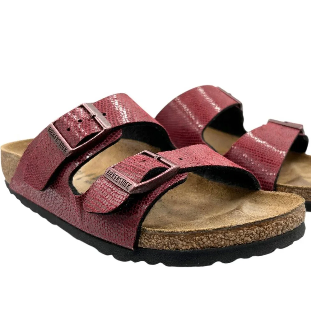 Birkenstock Arizona Birko-Flor Maroon Snake Pattern 2 Straps Slide Sandals 36